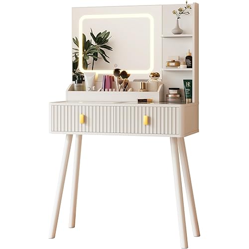GOODONE Fluted Vanity Desk with Mirror LED Lights, Dressing Table with Transparent Glass Top, Makeup Desk with 2 Drawers Storage Shelves for Bedroom, 31.5 * 15.7 * 52.5in(White)