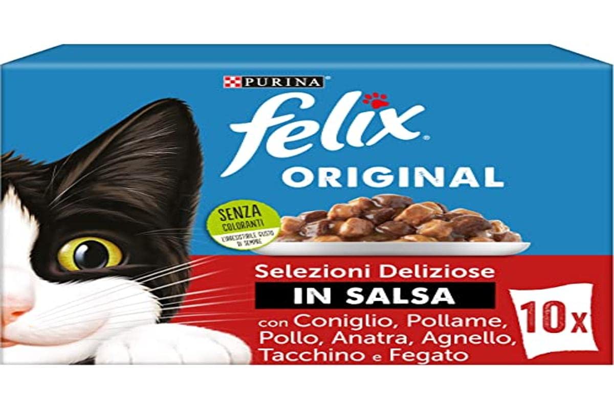 Felix Purina Original en Salsa de Comida húmeda para Gatos con Pato y Cordero, Pavo e hígado, Pollo y roñón, Conejo y Aves de Corral, 60 Sobres de 85 g