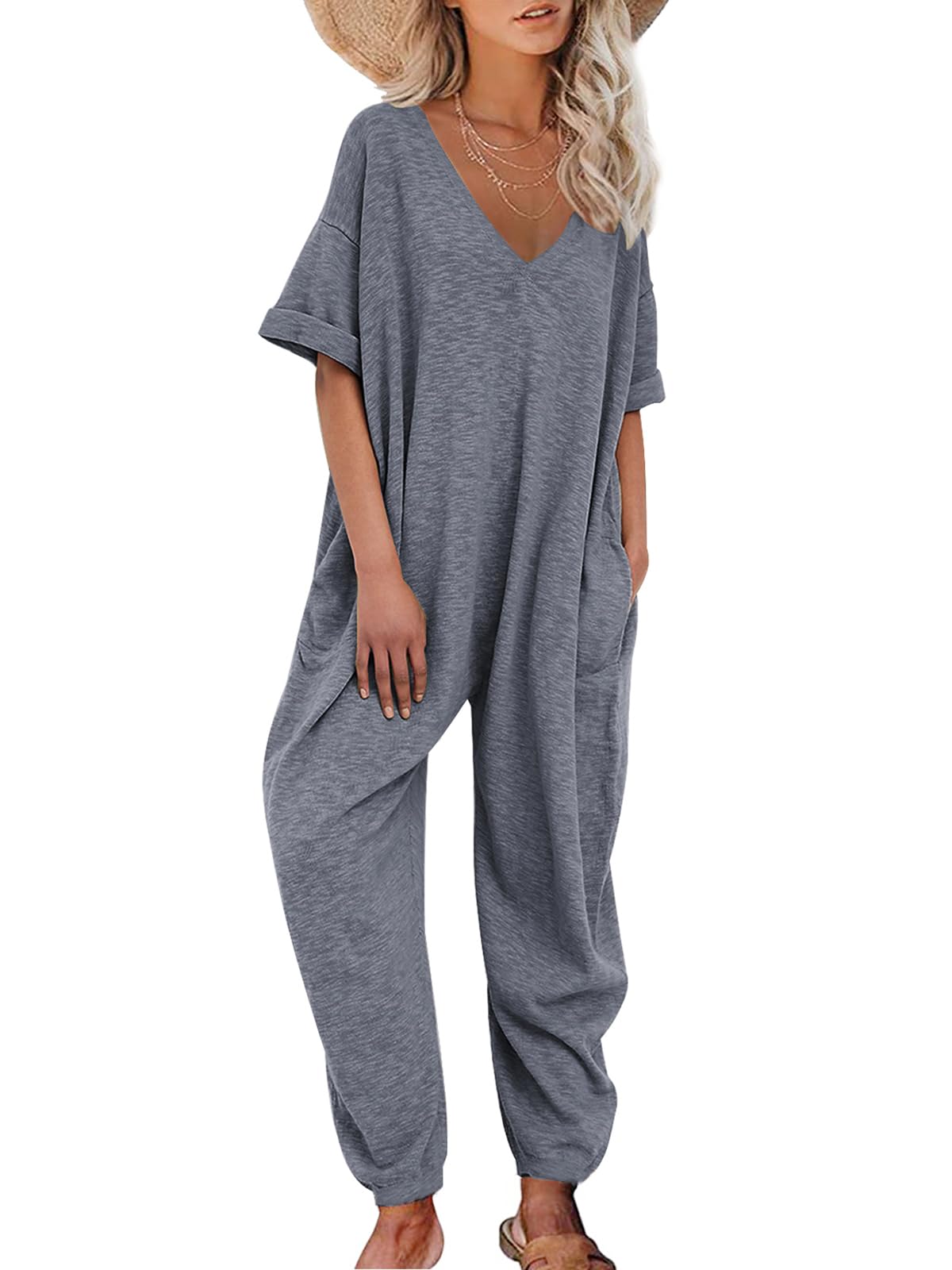 Nirovien Womens Short Sleeve Jumpsuits Casual V Neck Long Rompers Beam Foot Baggy Jumpers Summer Outfits