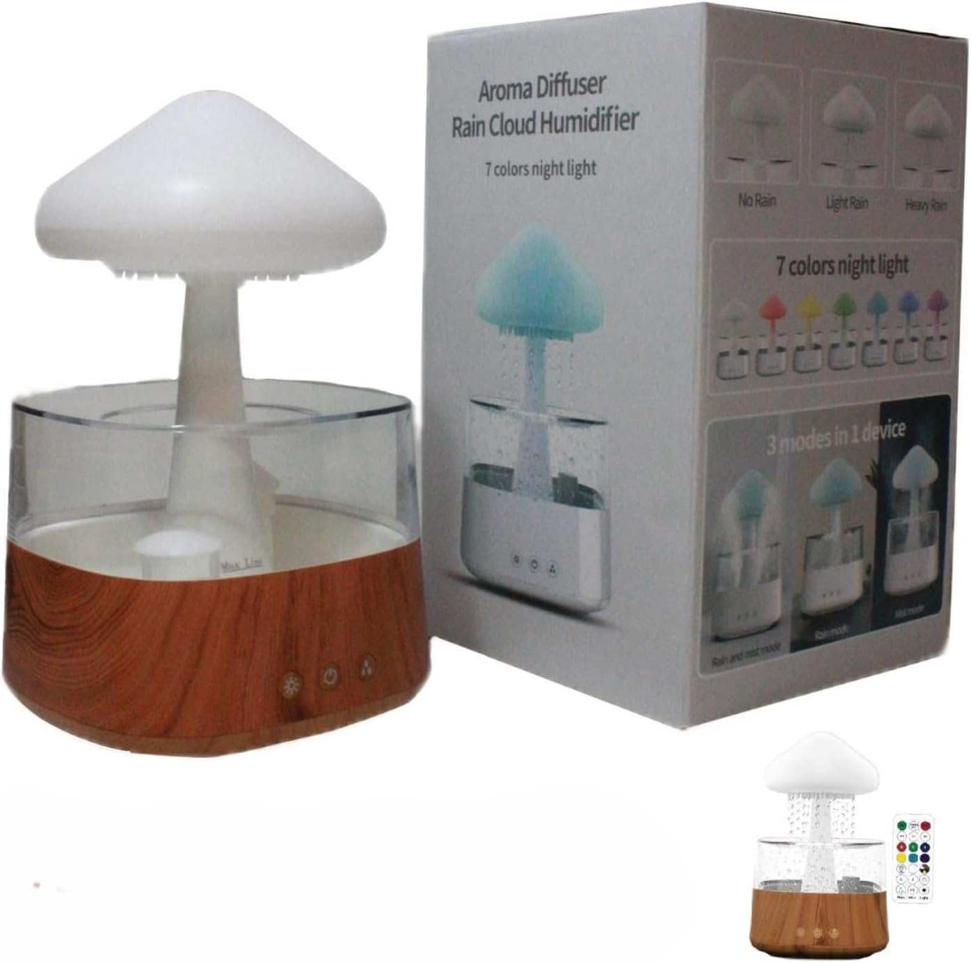 Rain Cloud Humidifier Mushroom Diffuser Raindrop Sound Night Light Cute Lamp Soothing Meditation Relaxing Creative Gift Wooden Color, CH08