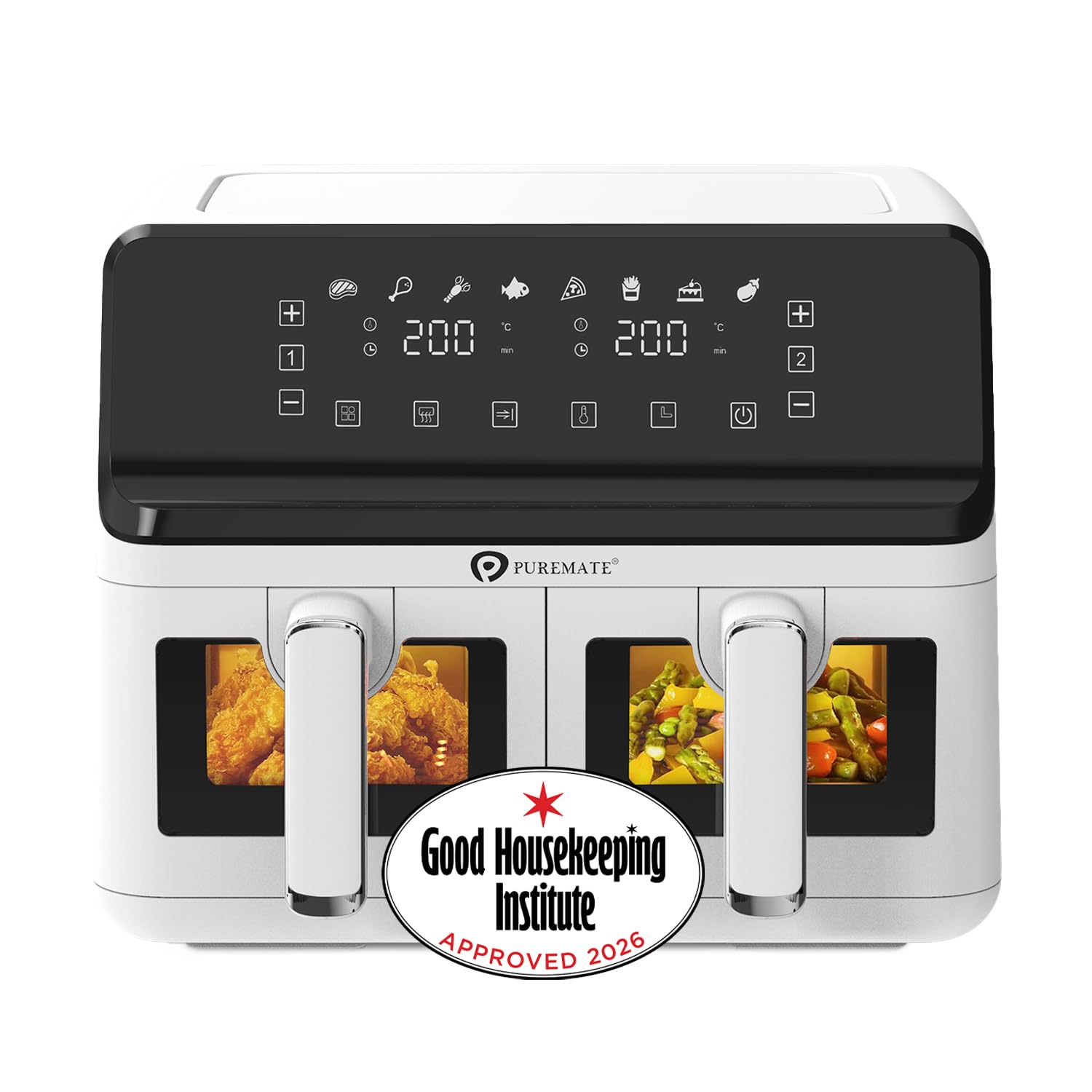 PureMate 9L Dual Air Fryer with Digital Display, Healthy Oil Free 2500W Air Fryer with 8 Preset, LED One Touch Screen, Timer & Adjustable Temperature Control (9L(4.5L+4.5L) Dual Basket) White - 9l Dual Basket