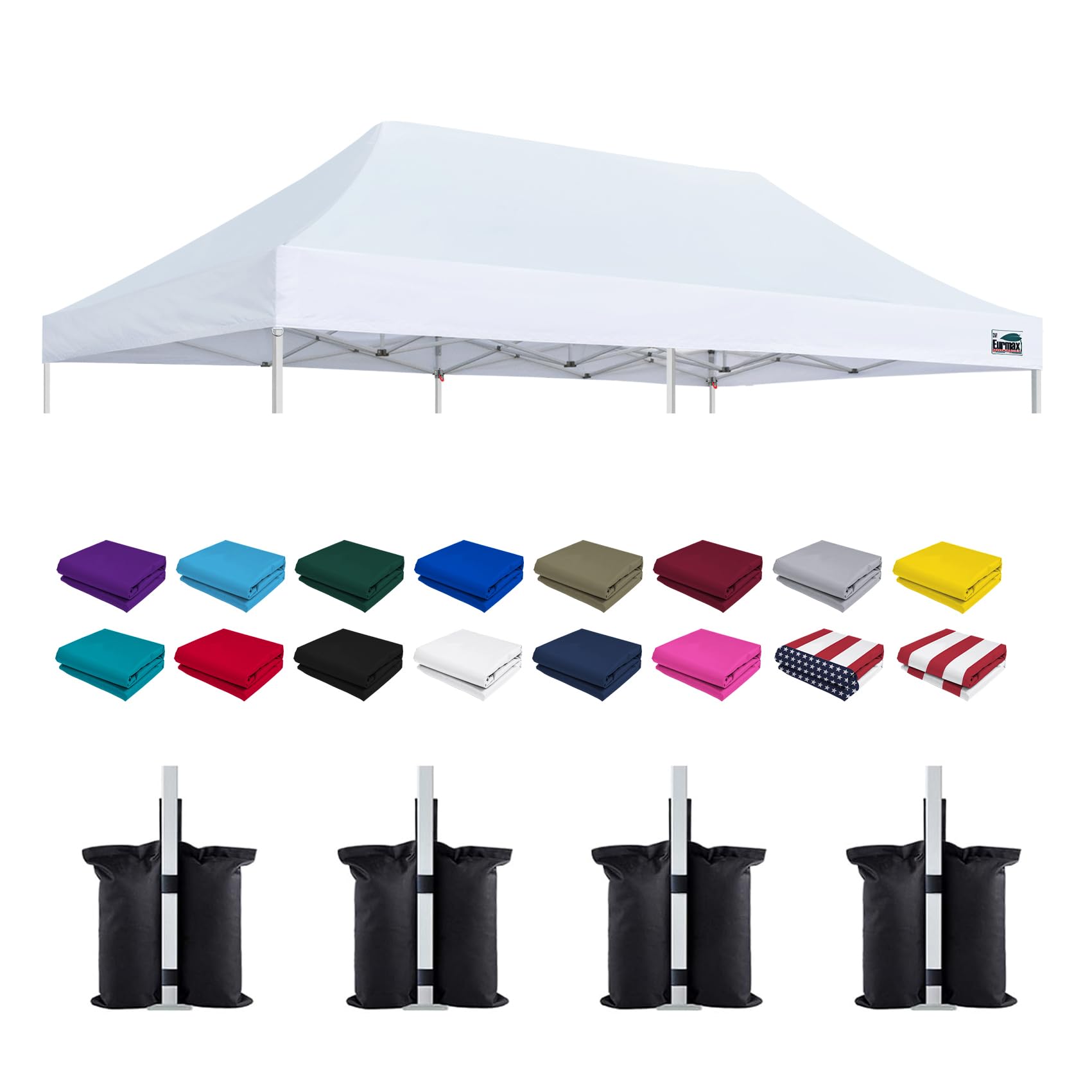 Eurmax USA 10x20 Pop Up Canopy Replacement Top,Universal Instant Canopy Cover ONLY,Heavy Duty UPF 50+ UV Protection,Water &amp; Wind Resistant Tarp,30+ Colors Available,Bonus 4 Sand Bags (White)