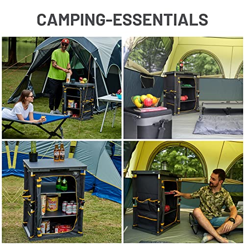 Einstellbare Auslegerfüße des TIMBER RIDGE Auto-Faltschranks sorgen für Stabilität auf unebenem Boden im Freien.