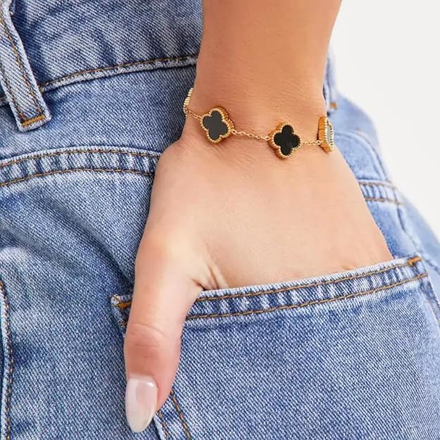 Image of STYOLLO Four-Leaf Clover Anti Tarnish Bracelet for Women & Girls Stylish | Elegant Gold-Plated Lucky Charm Jewelry | Aesthetic Enamel Design Adjustable Chain Bracelet for Daily, Gifting & Festive