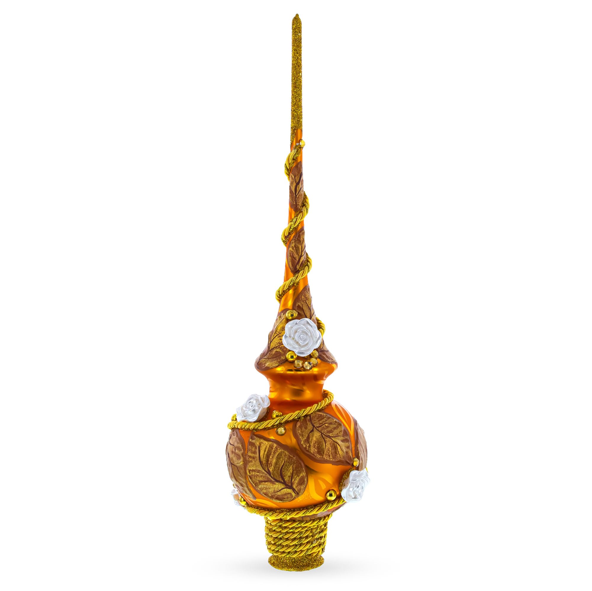 BestPysanky Cimier de sapin de Noël en verre doré - Feuilles dorées - 28 cm