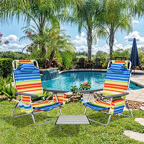 Image of Giantex Folding Beach Chair, Patio Sling Chairs with 5 Adjustable Position, Head Pillow, Storage Bag, Towel Bar, Cup Holders, Backpack Chairs for Sunbathing, Camping Chair