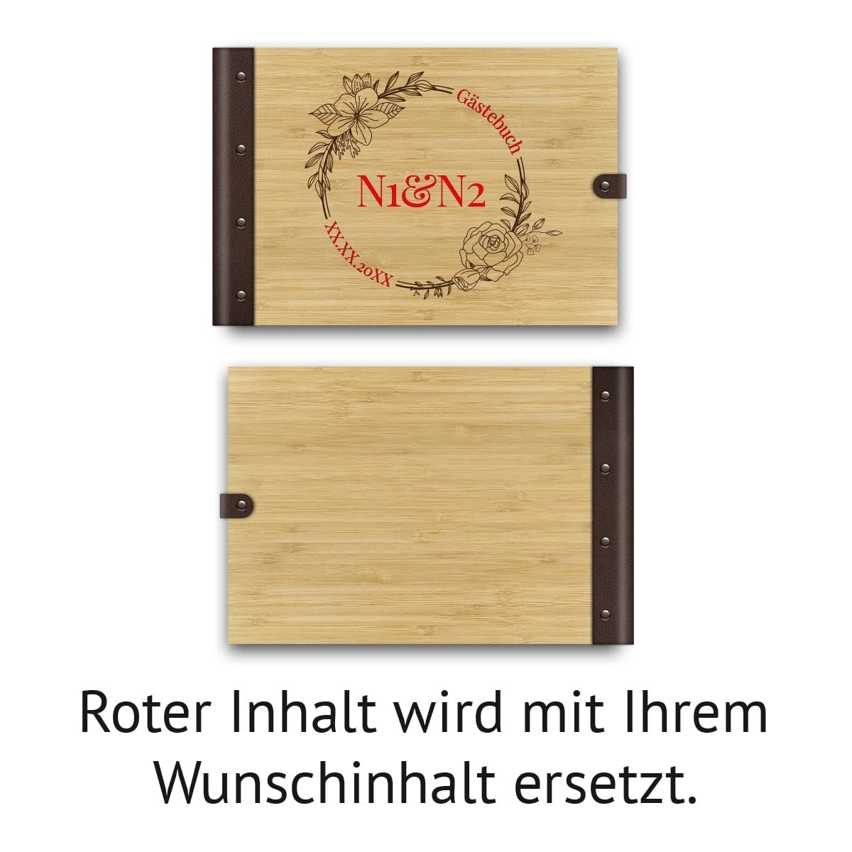 Personalisiertes Hochzeit Gästebuch echtes Holz DIN A4 Hochzeitsbuch mit Lasergravur - Blumen Initialen - mit 72 Blatt / 144 Seiten Naturpapier Weiß