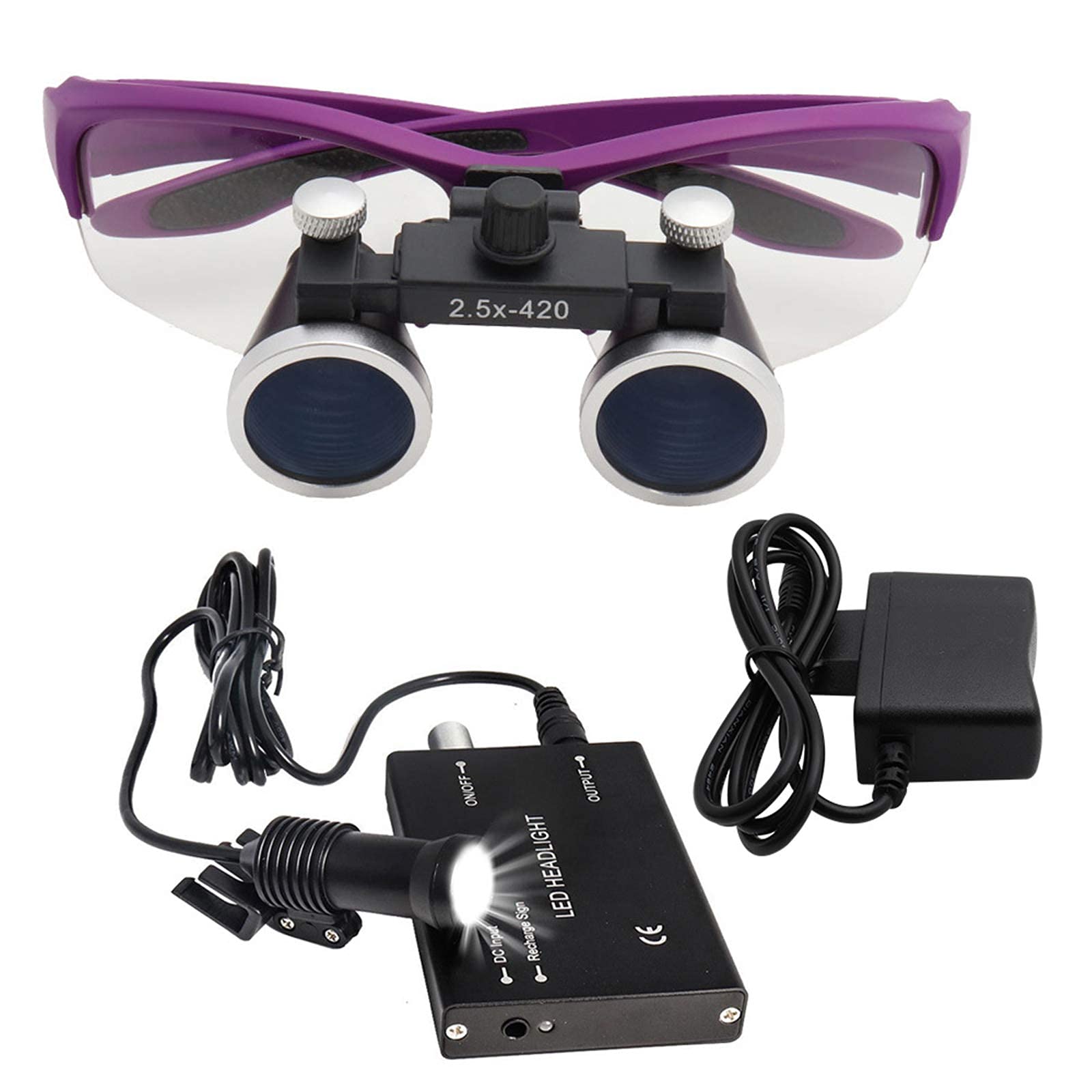 SaryEdge Magnifying Glasses Dental Loupes, 420mm Dental Magnifier, 5W LED Head Magnifier, Surgical Magnifying Lens,Purple,2.5X,