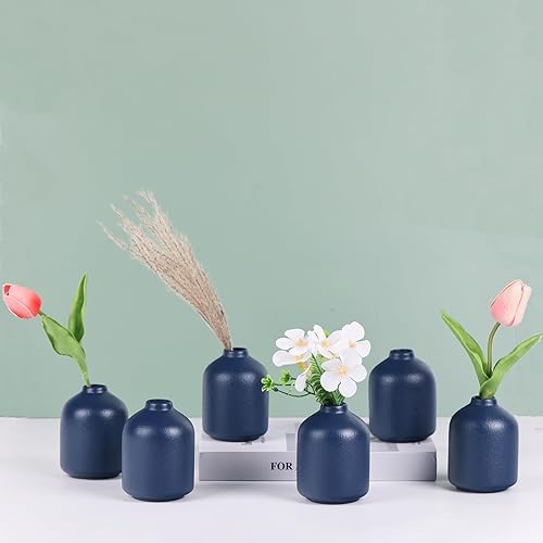 Miniatura 8 de Juego de 6 jarrones pequeños azules de cerámica, color azul marino, juego de jarrones para flores, hierba de las pampas, mini jarrón de cerámica con