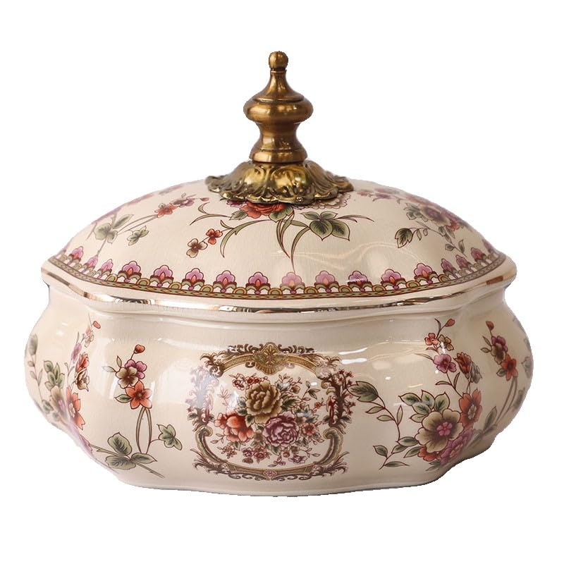 Słoik ceramiczny w stylu vintage z pokrywką ze stopu na przekąski, biżuterię i klucze, europejski pojemnik dekoracyjny kwiatowym wzorem do salonu toaletki, 22 x 18 cm