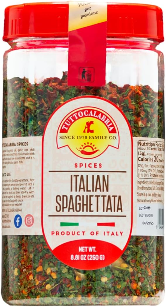 TUTTOCALABRIA Spaghetti Sauce Seasoning, Spicy Italian Spaghettata, Product of Italy, Add oil to pan, heat, mix in seasoning, and then toss with your favorite pasta, 250g