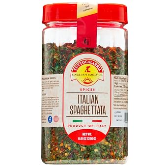 TUTTOCALABRIA Spaghetti Sauce Seasoning, Spicy Italian Spaghettata, Product of Italy, Add oil to pan, heat, mix in seasoning, and then toss with your favorite pasta, 250g