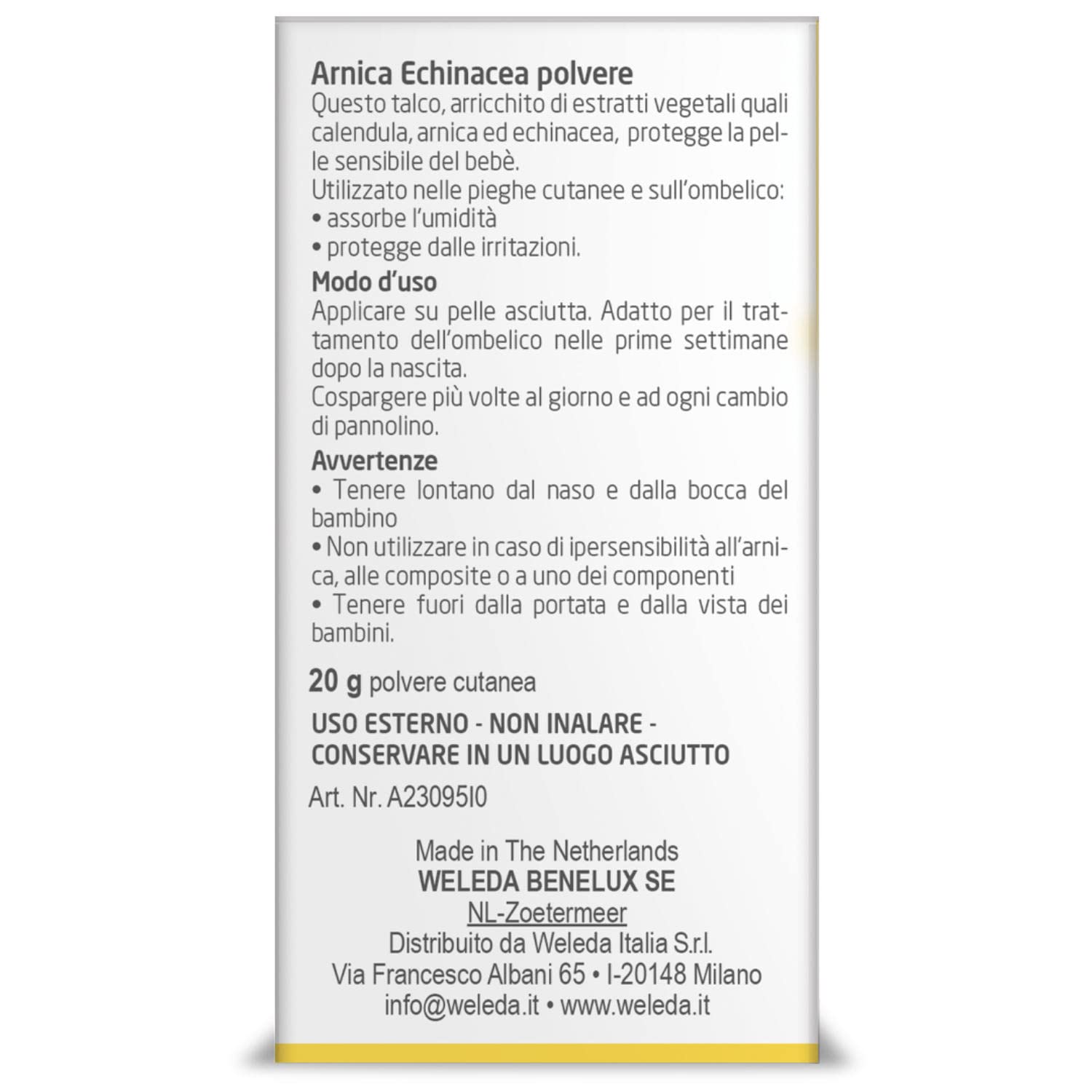Weleda Arnica Echinacea polvere, talco in polvere per il trattamento dell'ombelico del neonato, assorbe l'umidità e protegge da irritazioni nelle pieghe cutanee (1X20g)