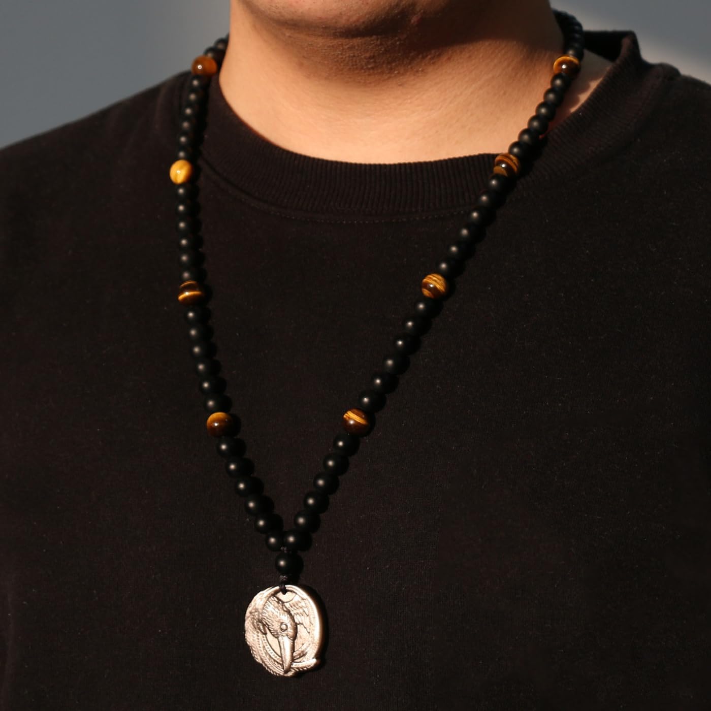 Real Obsidian Crystal Pendant for Men - Protection Silver Obsidian Stone Eagle Necklace With Tiger Eye Onyx Beads, Handmade Energy Chakra Gemstone Necklace Jewelry Gifts for Him