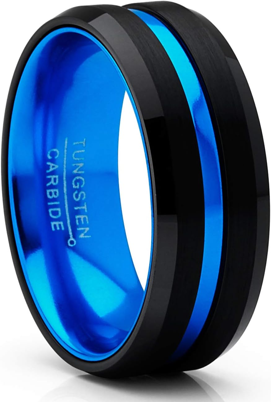 Metal Masters CO. Men's Tungsten Carbide Ring Grooved Wedding Band Color Interior 8MM Blue Red Green Red