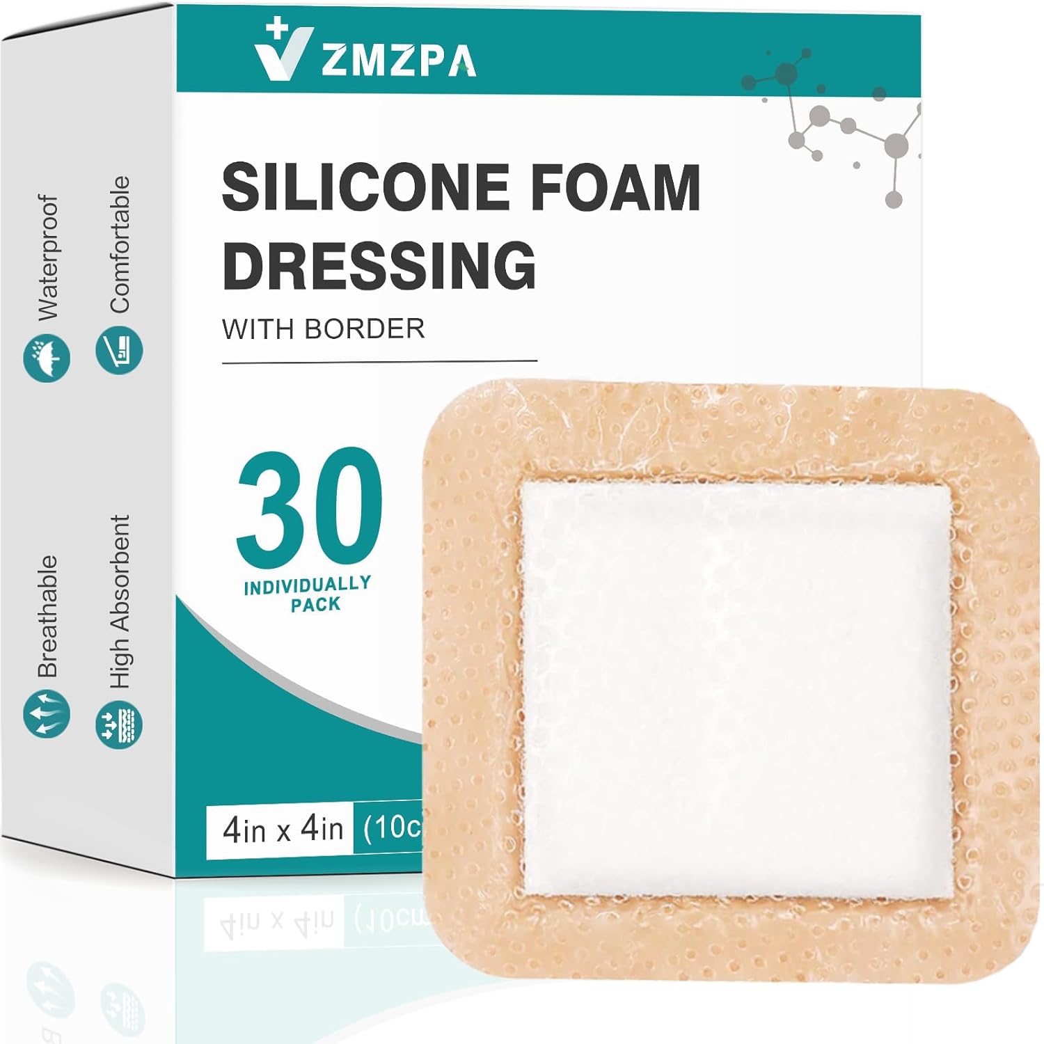 30 Pcs Silicone Foam Dressing 4x4 Gentle Border, Waterproof Silicone Bandages for Wounds Care, Bed Sore Patches, Super Absorbent Wound Dressing, Self Adhesive Pressure Sore Pads