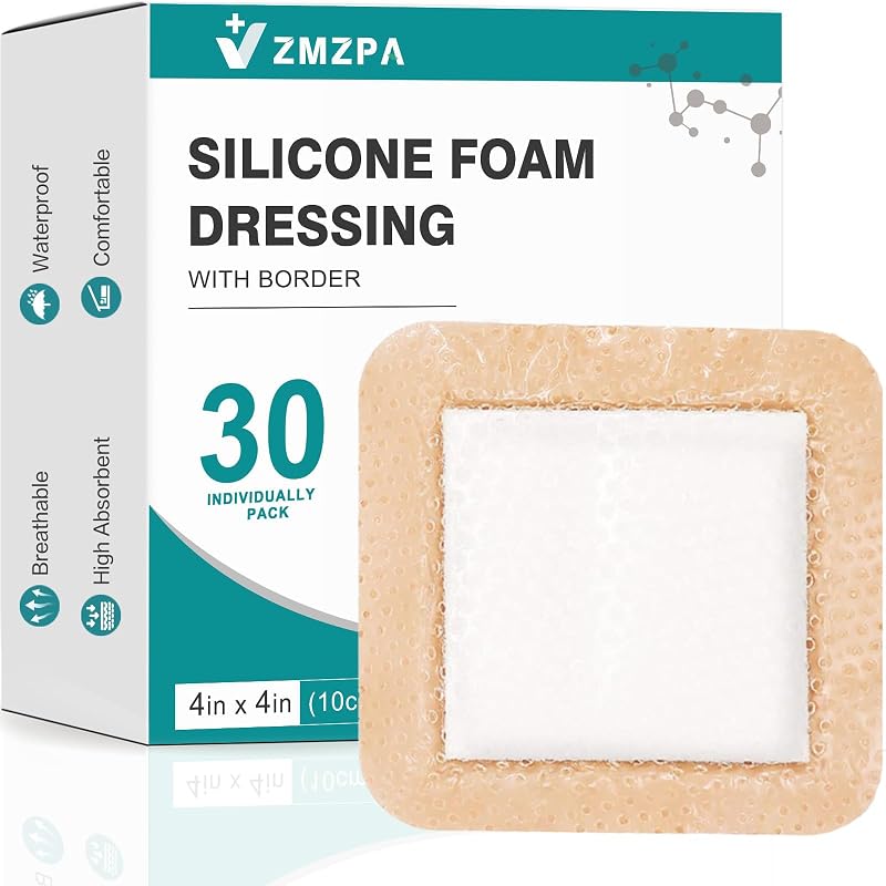 30 Pcs Silicone Foam Dressing 4x4 Gentle Border, Waterproof Silicone Bandages for Wounds Care, Bed Sore Patches, Super Absorbent Wound Dressing, Self Adhesive Pressure Sore Pads