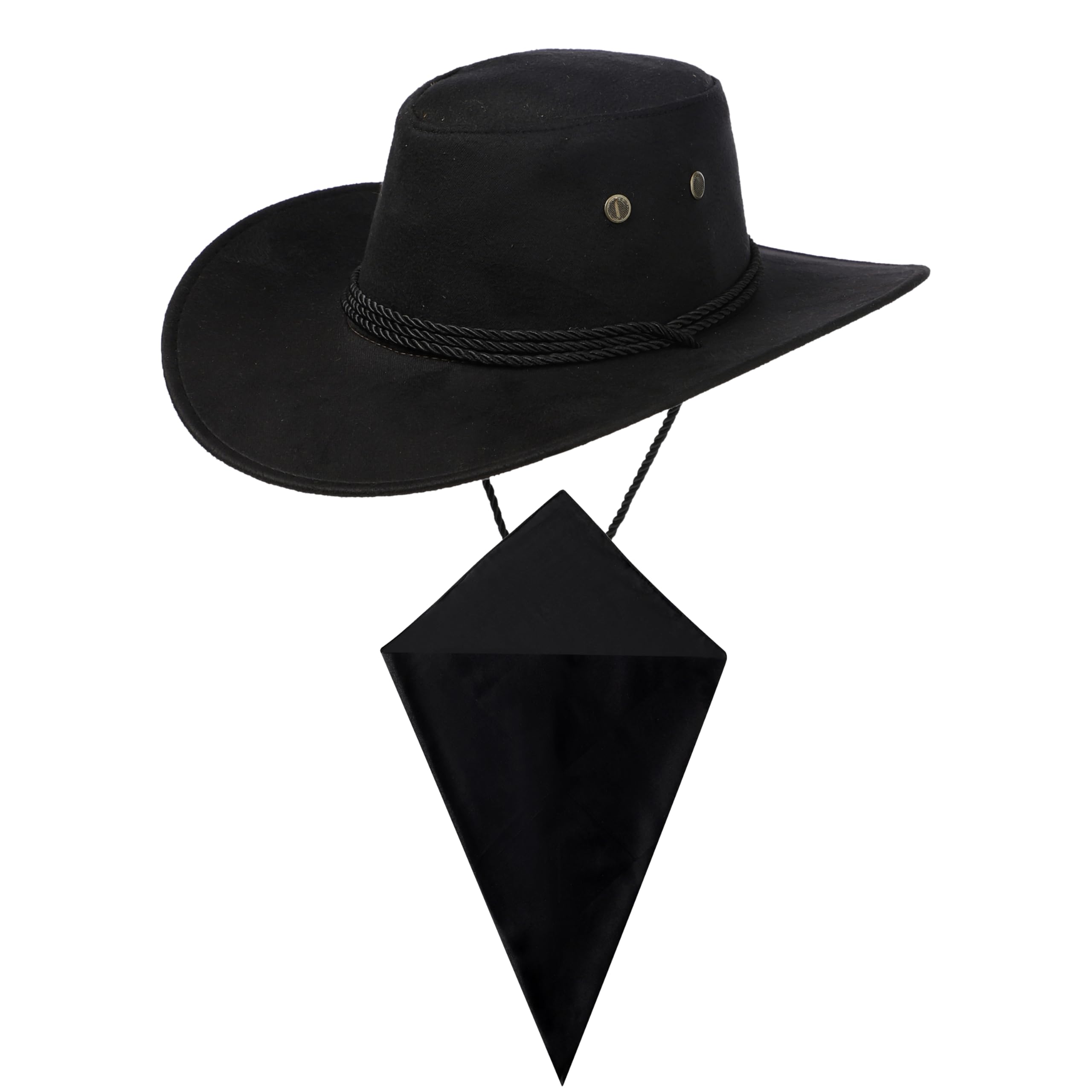 Komonee Black Cowboy Hat and Plain Black Bandana Western Sun Cap Faux Felt Leather Suede Fancy Dress Party Costume Outfit Neckscarf Sun Protection Mens Womens โ image 1