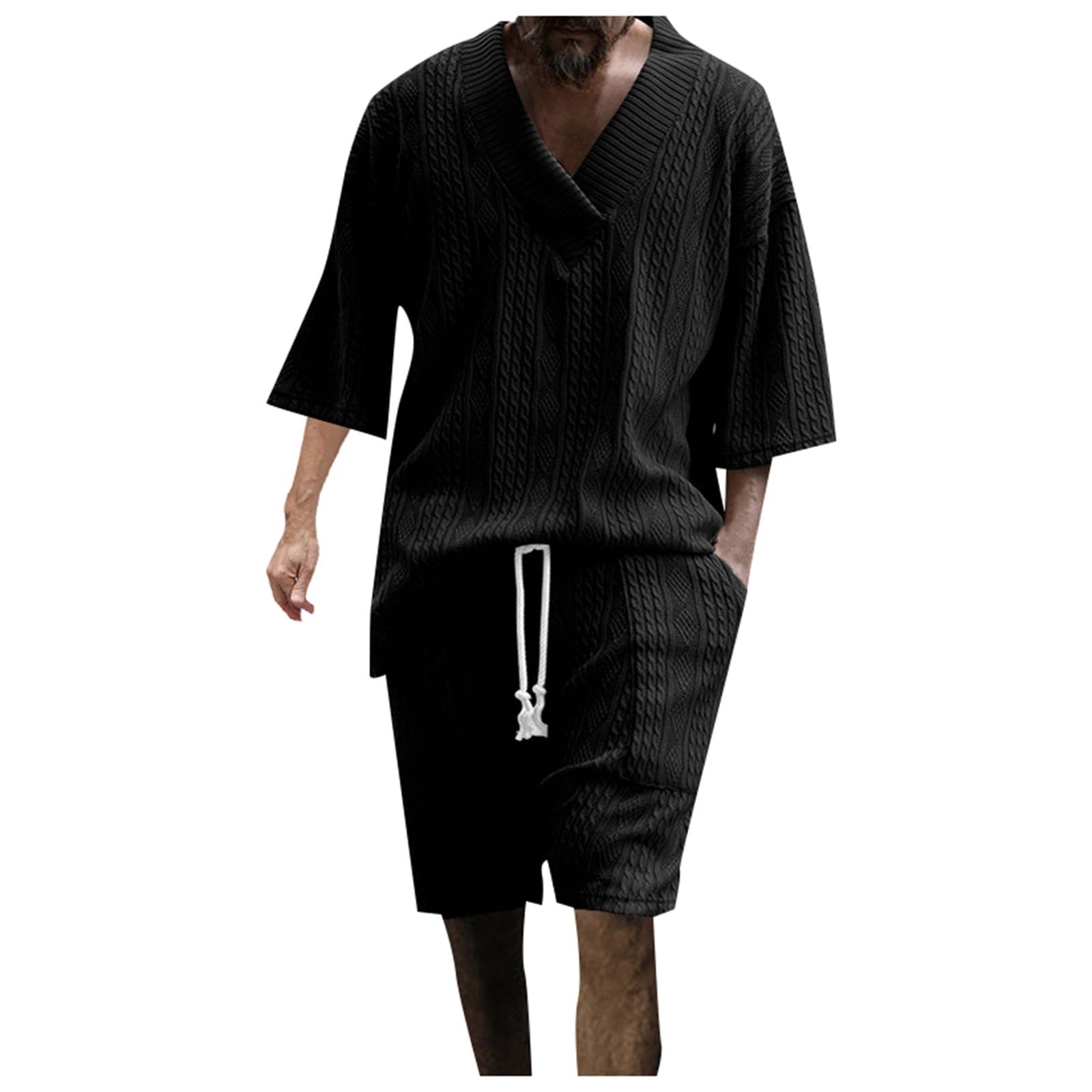 Generisch Traje de dos piezas para hombre de color sólido de media manga camisetas y pantalones conjunto deportivo traje adolescente traje de verano holgado traje de playa traje casual 2024 suéter con