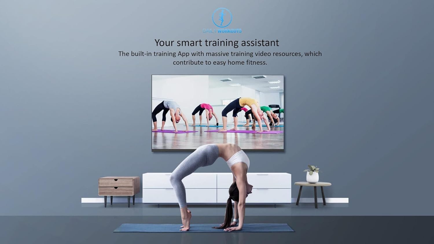 Skyworth 75SUD9350F TV displaying a fitness video with smart training assistant feature