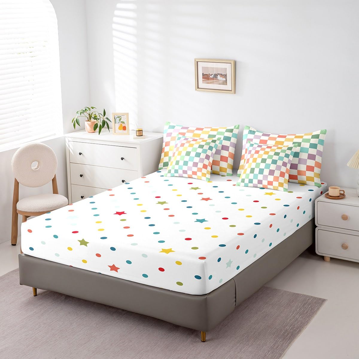 Feelyou Multicolored Checkered Retro 7 Piece Bedding Set Kids Boys Geometric Vintage Comforter Set with Sheets King Size Green Yellow Colorful Bed in a Bag Modern Simple Groovy Aesthetic Room Decor: Green Yellow Colorful Full