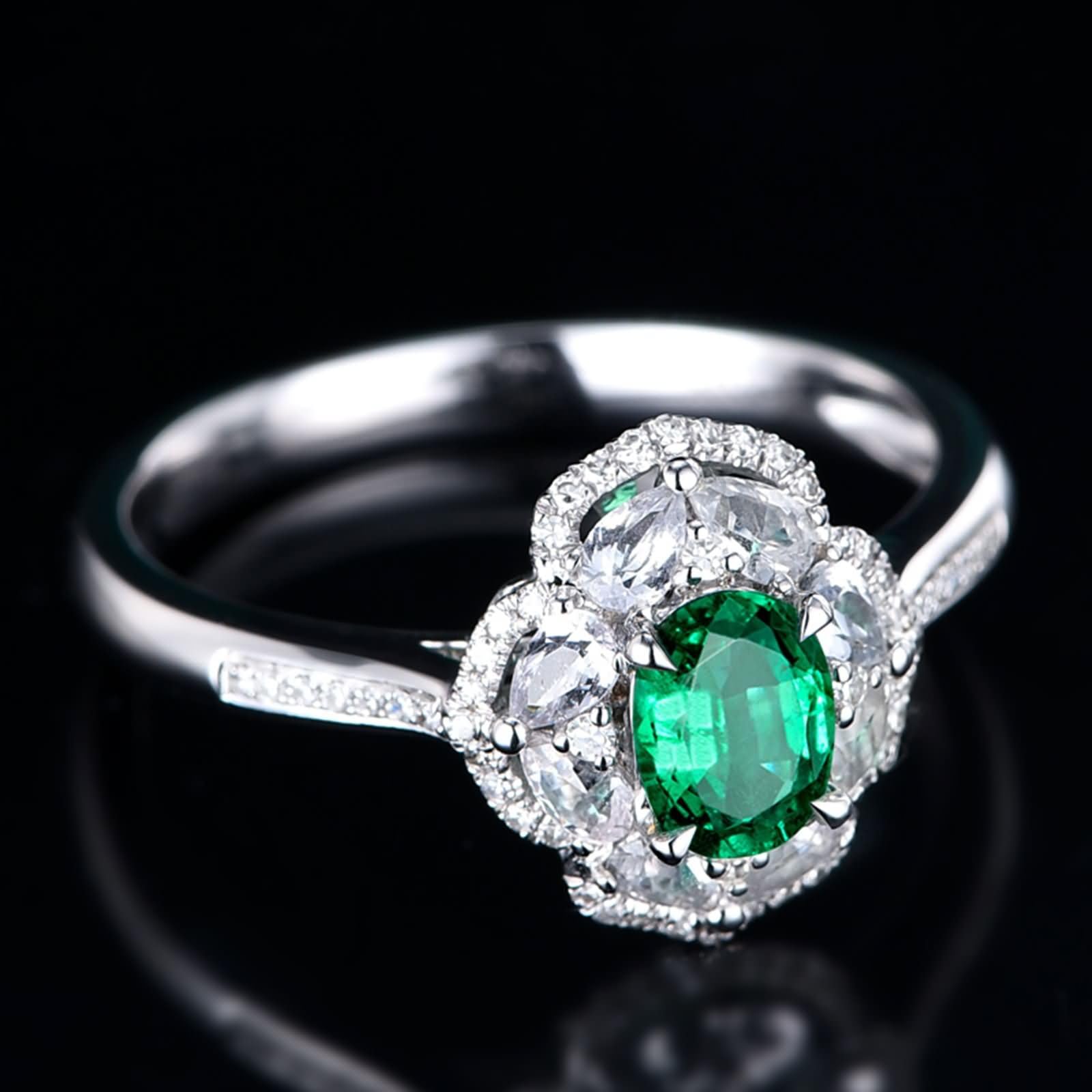 Anillo de Alianza Mujer Oro Blanco 9K / 14K / 18K, Flor y 4 Garras Oval con Esmeralda de 0,6ct y Diamante, Anillo de Alianzas Plata Verde Mujer