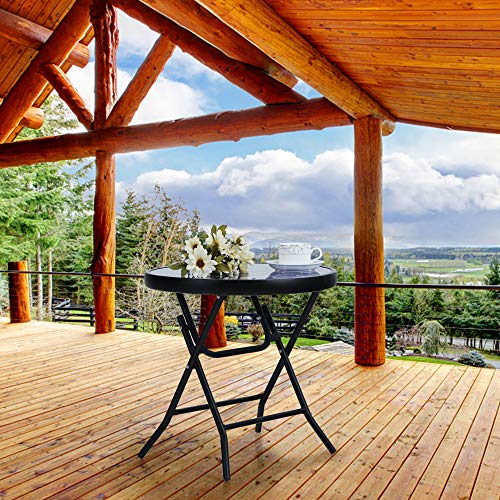 PHI VILLA Klappbar Runder Beistelltisch Glas aus Metall Gartentisch Kaffeetisch Klein Balkontisch wetterfest pflegeleicht für Balkon Garten Terrasse Wohnzimmer