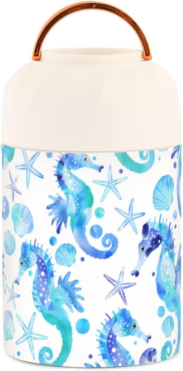 Blue Turquoise Seahorses Starfishes Seashells Kids Womens Insulated Food Jar with Spoon 17oz/500ml Kids Lunch Container Stainless Steel Vacuum Leak Proof Lunch Boxes for Insulated Hot Food
