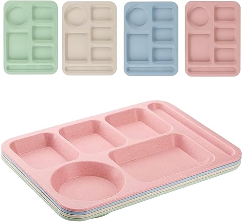 4 platos divididos irrompibles, bandejas de plástico reutilizables de 14 pulgadas con 6 compartimentos, placa grande de control de porciones para