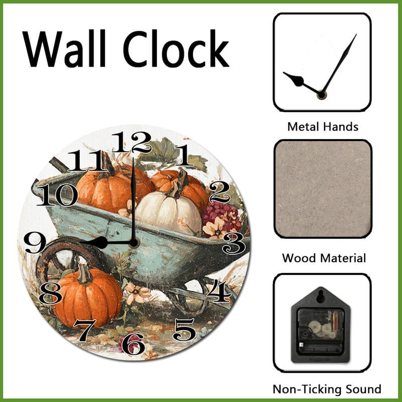 Miniatura 3 de Reloj colgante de madera con parche de calabaza, reloj de pared redondo de madera, silencioso, sin tictac, funciona con pilas, números arábigos,