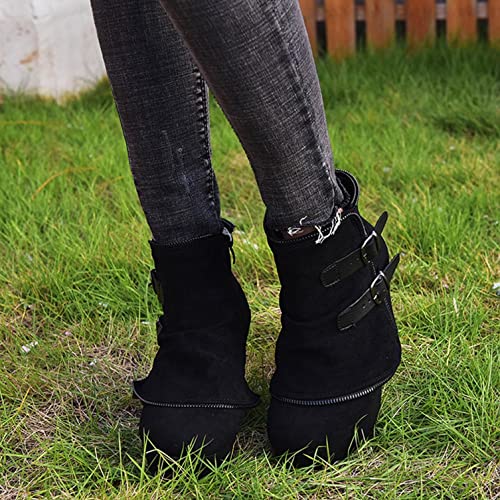 Hbeylia High Heels Boots For Women Boho Vintage Double Metal Buckle Suede Round Toe Platform Wedge Chunky Heels Ankle Booties With Side Zipper Casual Wide Mid Calf Dress Short Boots For Wedding Party2
