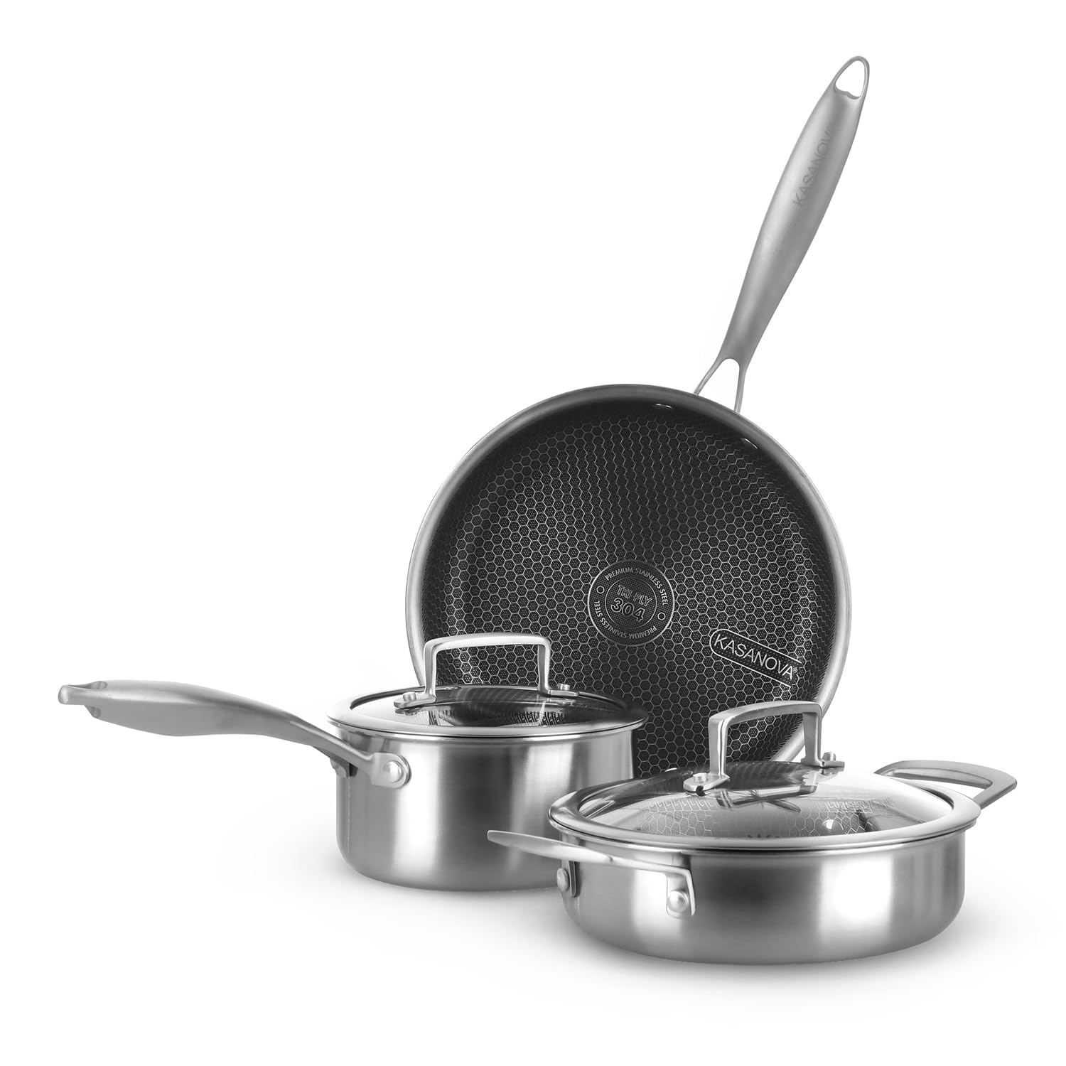 KASANOVA Batterie de cuisine Tri-ply, Ensemble de casseroles et poêles en acier inoxydable à trois couches, Casseroles antiadhésives compatibles avec tous types de plaques de cuisson (5 pièces)