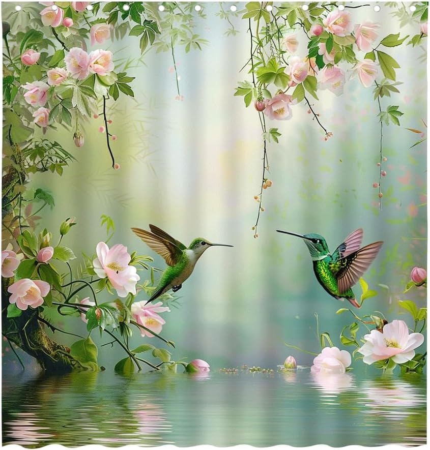 Flower Bird Landscape Shower Curtains Water Reflection Landscape Hummingbird Flower Green Leaf View Bathroom Decor Polyester Fabric Curtain Sets 106x70 Inch with Hook