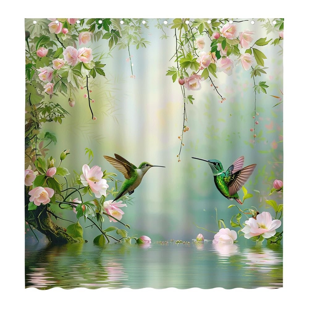 Frühlings-Duschvorhang Mit Blumen & Kolibri – 183x183 Cm, Wasserdichter Polyester, Mit Haken