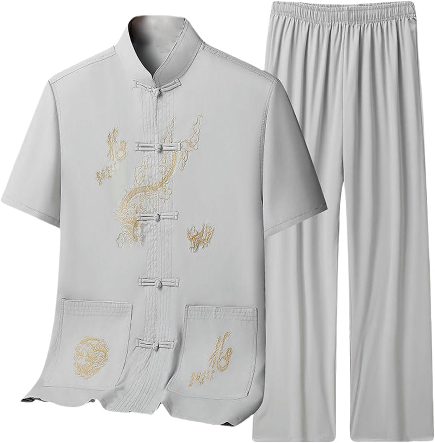 Men's Spring/Summer Ice Silk Tang Suit Thin Short Sleeve Shirt Chinese Style Hanfu Set