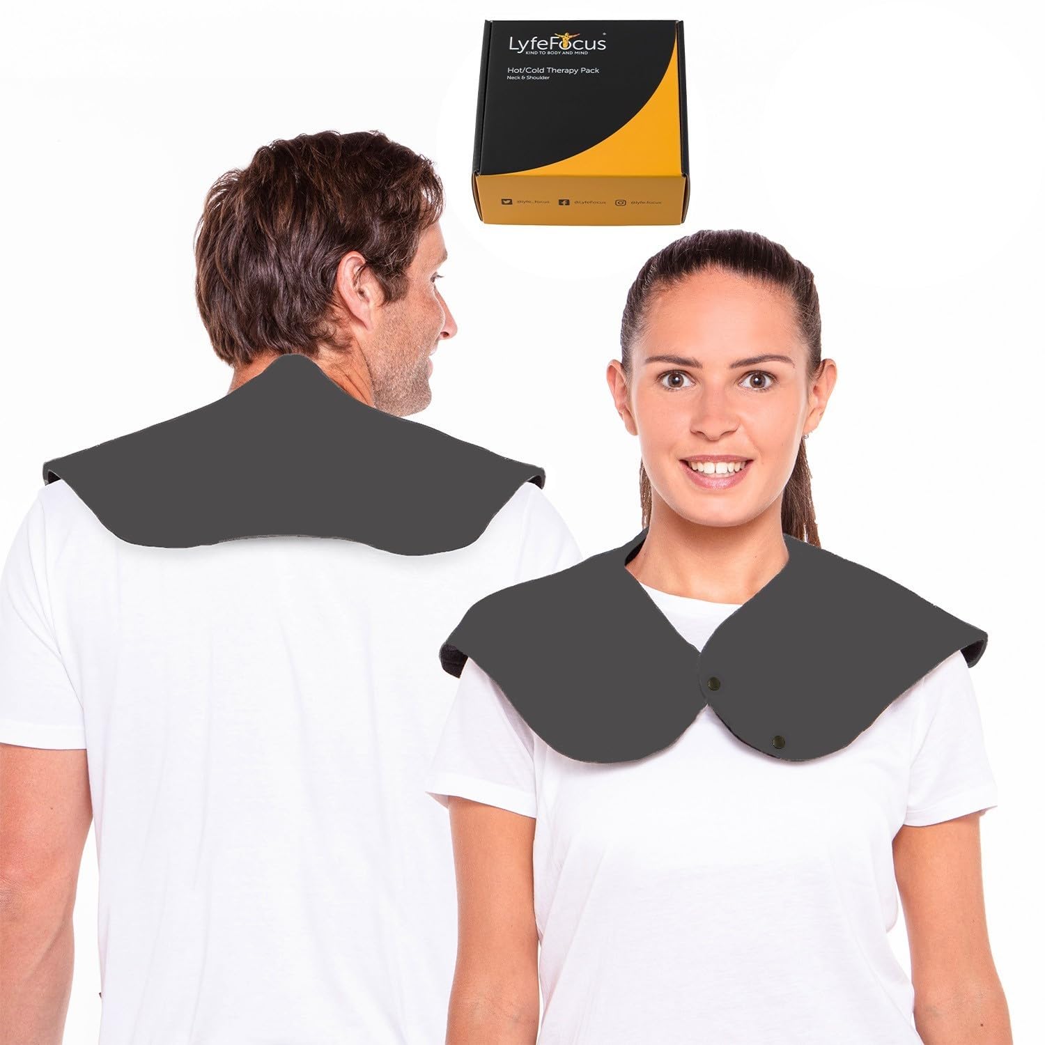 LyfeFocus Reusable Hot & Cold Pack Gel Heat Wrap for Neck & Shoulder Pain - Flexible, Microwaveable & Freezable Ice Pack - Shoulder Heat Pad for Tension & Pain Relief - Protective Cover (Grey)