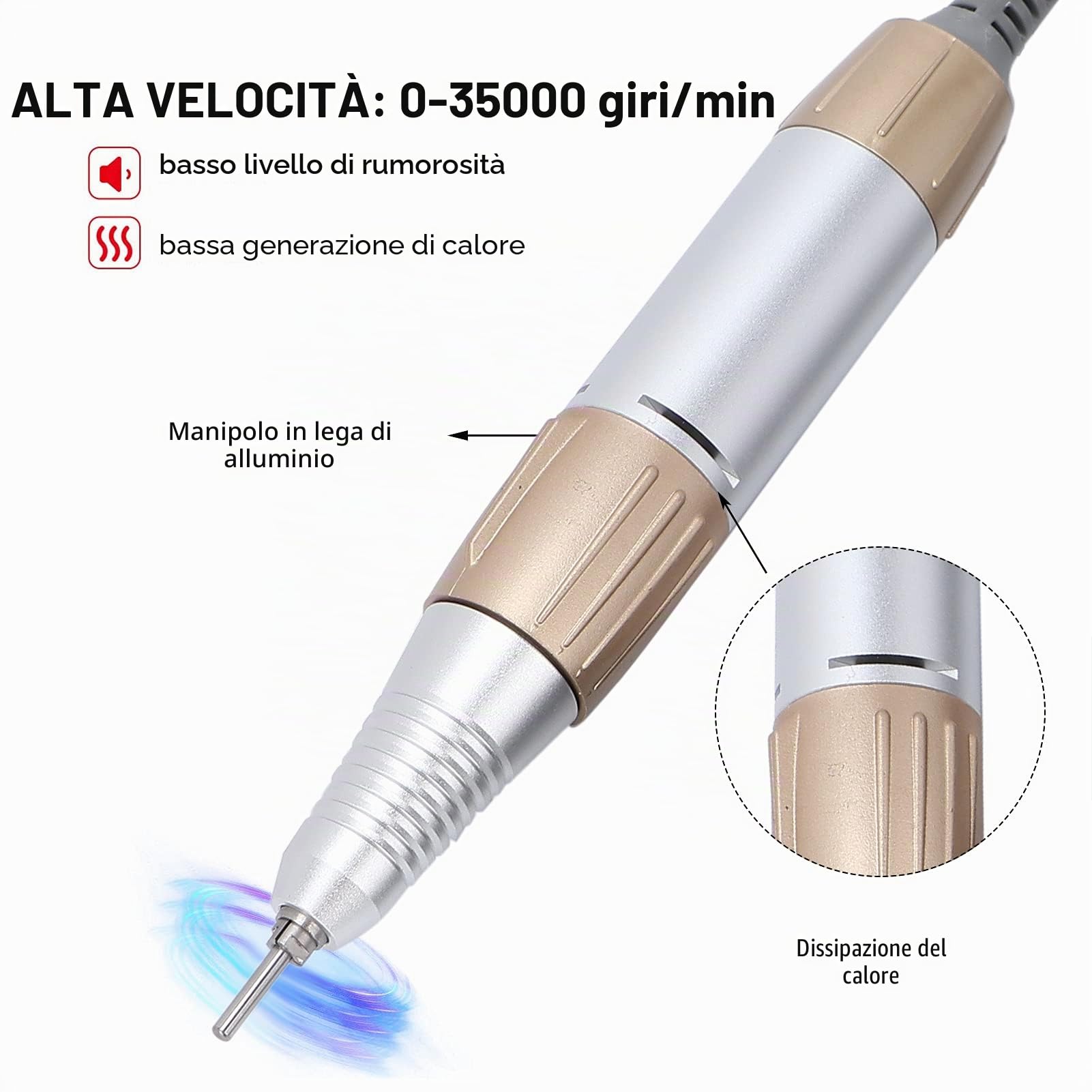 Manicure Professionale Penna Elettrica Dorata 35000 RPM Silenziosa per Ricostruzione Unghie e Nail Art di Precisione