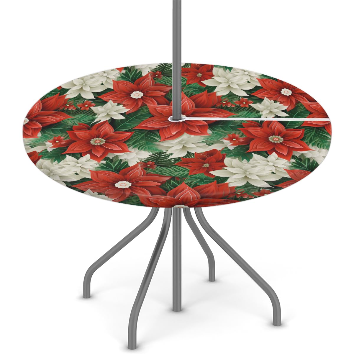 cfpolar Christmas Poinsettia Flowers Outdoor Round Fitted Tablecloth with Elastic Edge, Waterproof Table Cover with Umbrella Hole Table Cloth, for Party Family Dining Fits 45-56 in Diameter Table