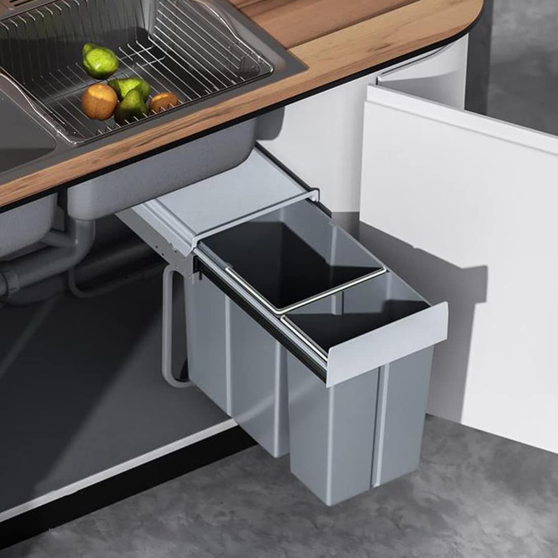 Nisorpa Ausziehbarer Küchen-Mülleimer, 20 l + 10 l, Recycling, Küchenschrank, Mülleimer, Abfalleimer, geschlossener Mülleimer mit zwei Fächern für Müll, Müllsortierung, 480 x 260 x 418 mm, Grau