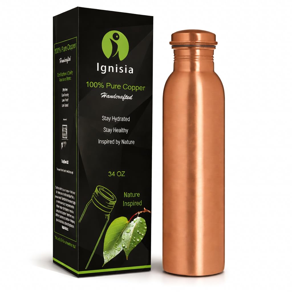 Ignisia Copper Water Bottle 34oz - 100% pure Ayurvedic copper bottle for drinking | eco-friendly | BPA free non toxic lab tested | Leak-Proof | Handcrafted for Health & Wellness (Plain) โ image 1