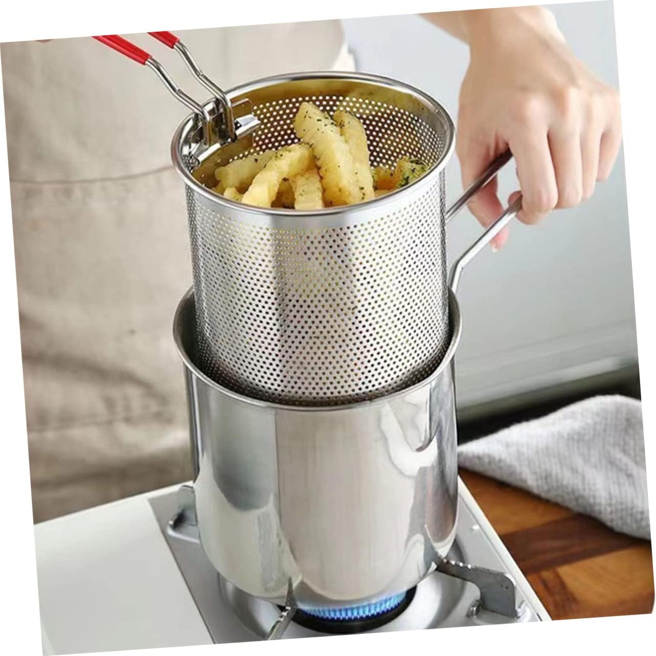 Frying Basket and Pot Kit Mini Deep Fryer Lid Non-stick Pot for Shrimp Chicken Chips Outdoor Indoor