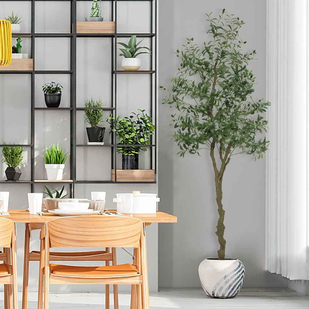 Arbre d'Olivier Artificiel en Pot, Feuilles Et Fruits, Style Méditerranéen, Intérieur/Extérieur, Entretien Facile, Base Lestée, Résistant UV(7ft)