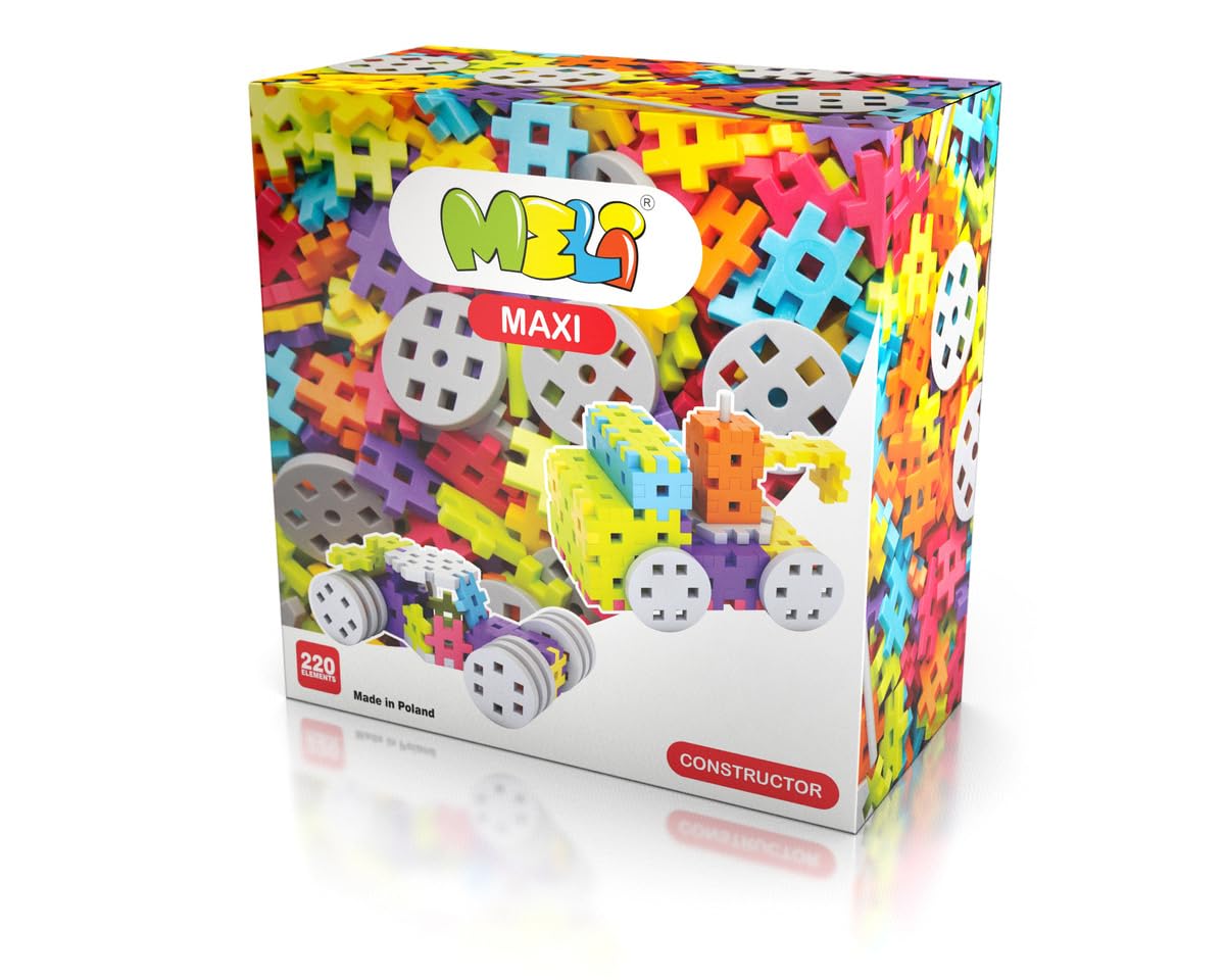 Meli Juego de bloques de construcción Maxi Constructor – 220 Piezas Ruedas Ejes Hexágonos para niños a partir de 1 año fomenta la creatividad, motricidad fina, duradero, libre de BPA, certificado CE