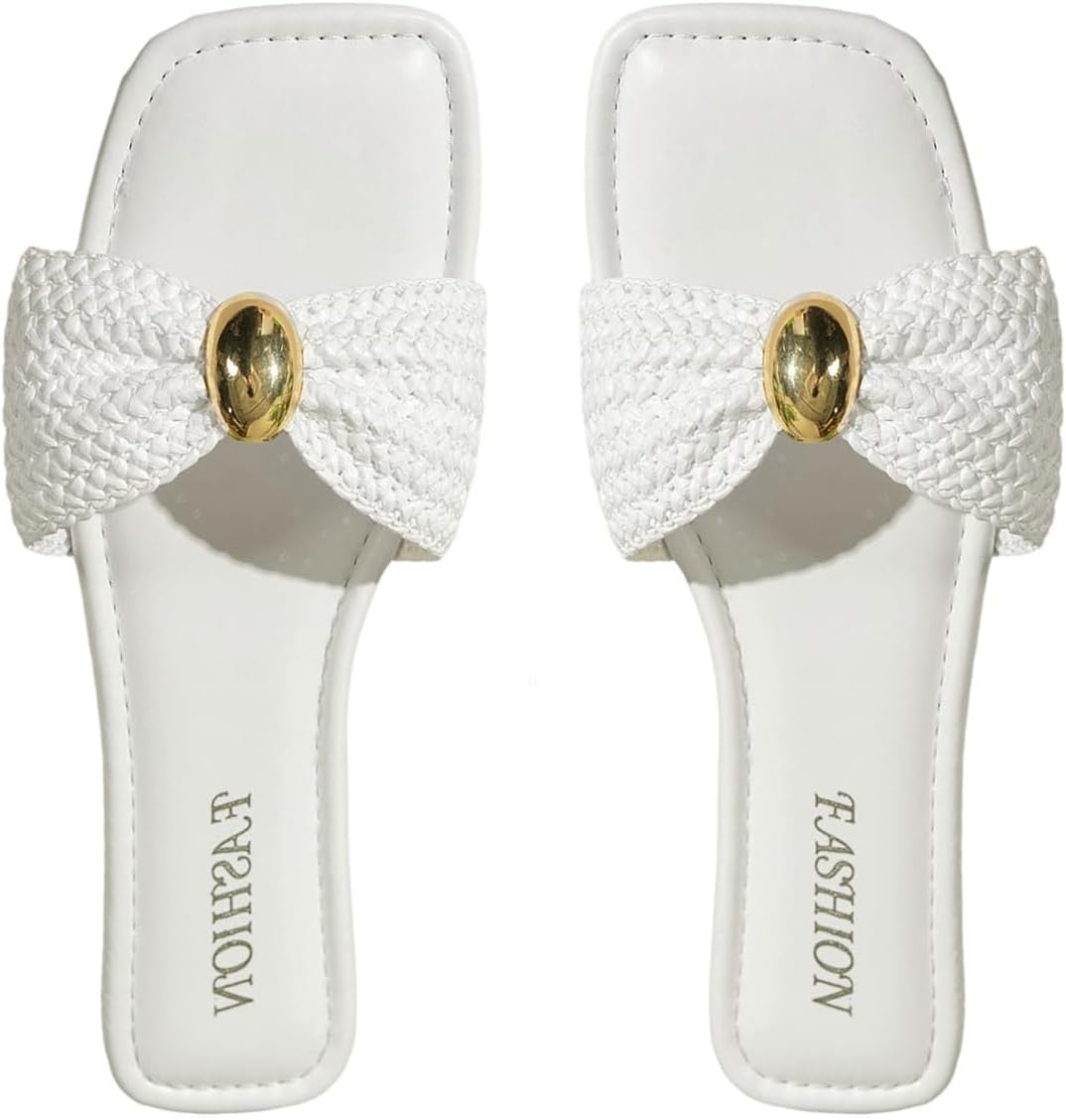 OYOANGLE Women's Gold Buckle Braided Sandals Square Open Toe Dressy Flats Vacation Slides Slippers For Summer