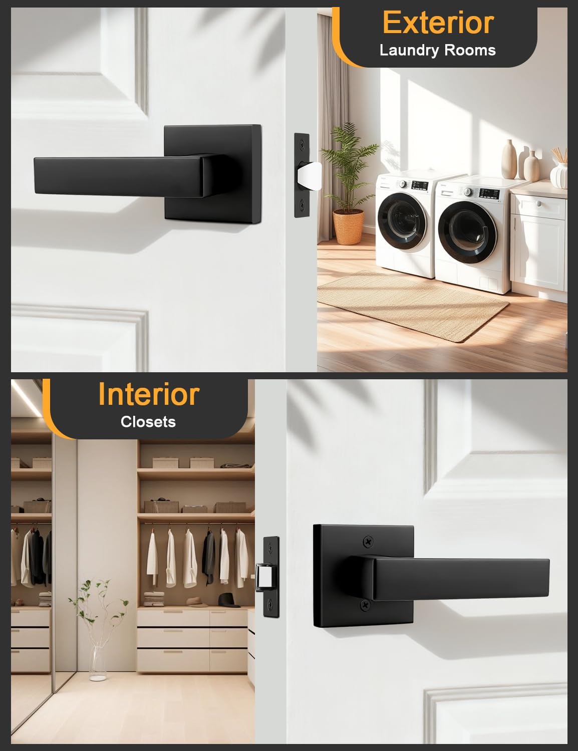 Gobrico 6 Pack Square Black Door Handles Interior, No Lock Passage Door Lever for Left or Right Handing, Heavy Duty Matte Black Closet Door Handle Sets