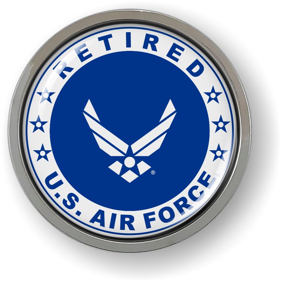Image of BestLicensePlateFrames - U.S. Air Force Retired Logo with USAF White Arnold Wings and Star Symbol 3D Domed CAR Emblem Badge Sticker Chrome Plastic Bezel - Official USAF and USSF Licensed Product