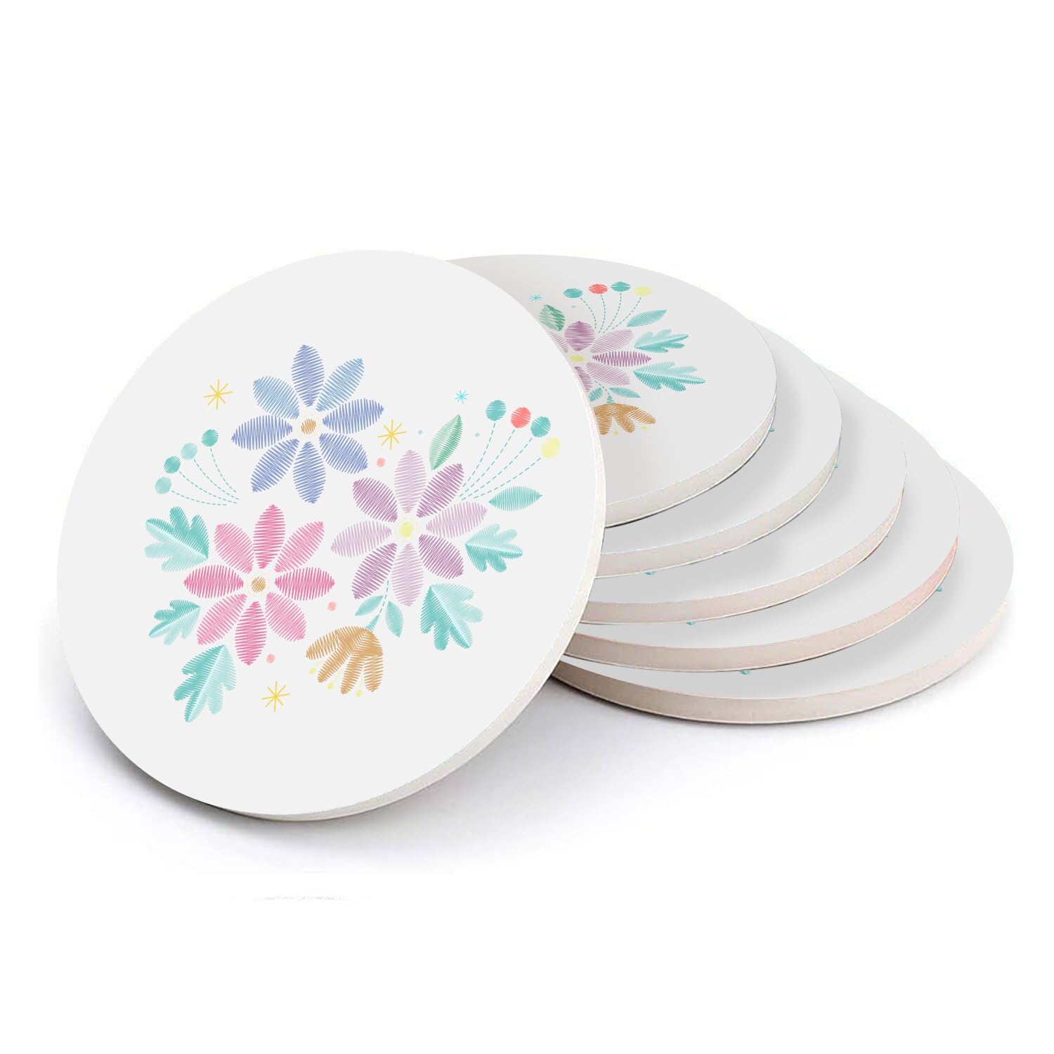 Sous-verre céramique ronds 108mm fleurs des champs illustration couleurs primaires