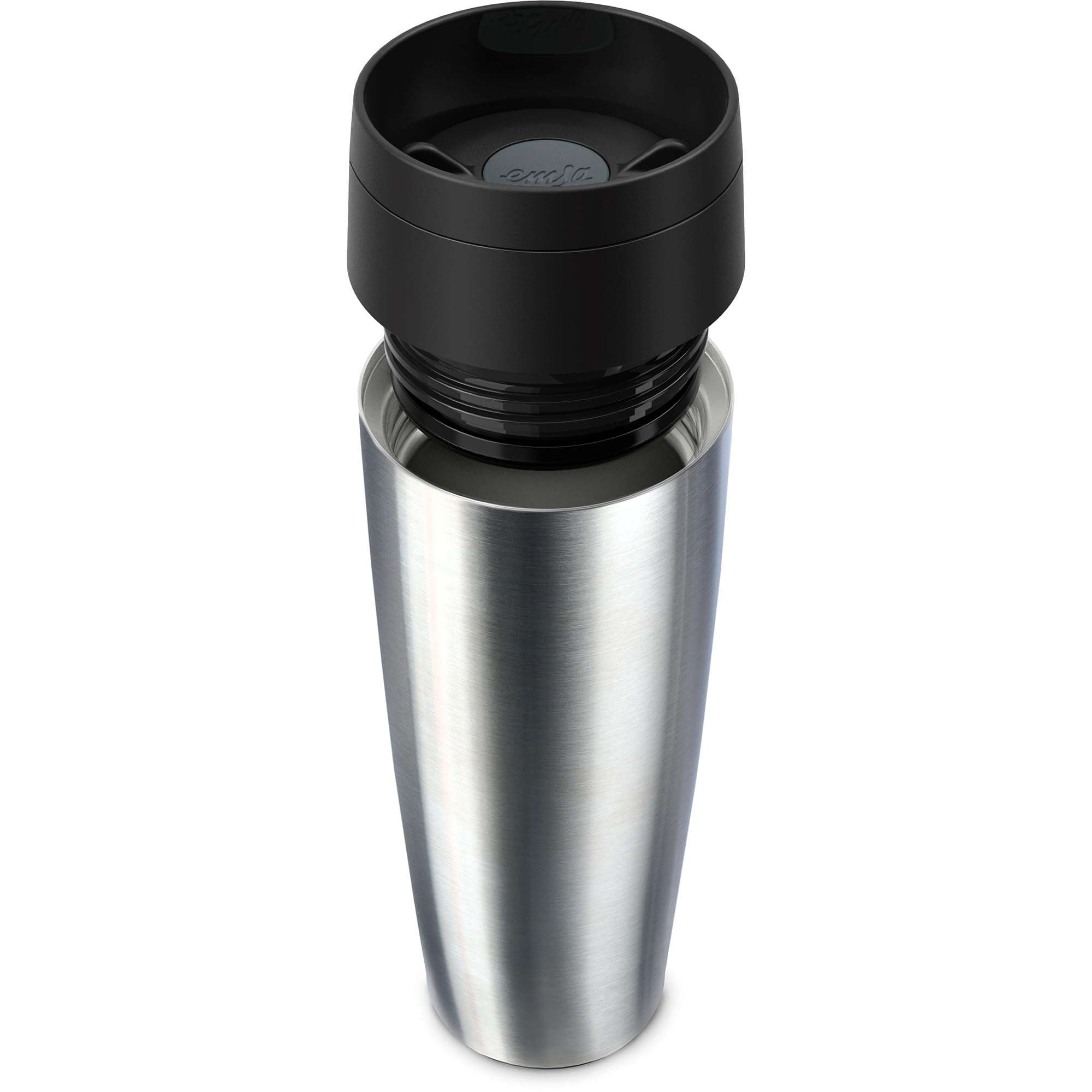 Emsa N20219 Travel Mug Classic - Vaso térmico (0,5 L, acero inoxidable, 6 h caliente y 12 h frío), 100% hermético, a prueba de fugas, apto para lavavajillas, apertura para beber 360°, acero inoxidable