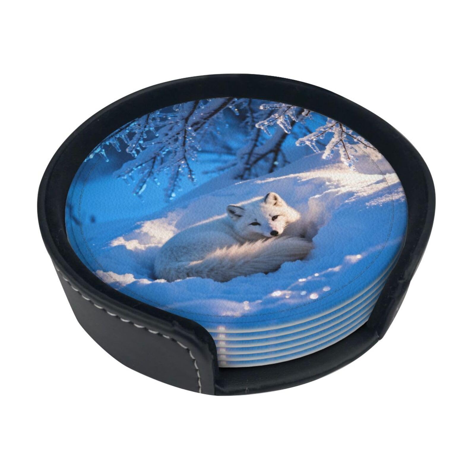 Cntdbu White Silver Arctic Fox Leather Coasters Set Of 6-Pu Leather Drink Mats For Table, Heat Resistant Round Coasters With Holder