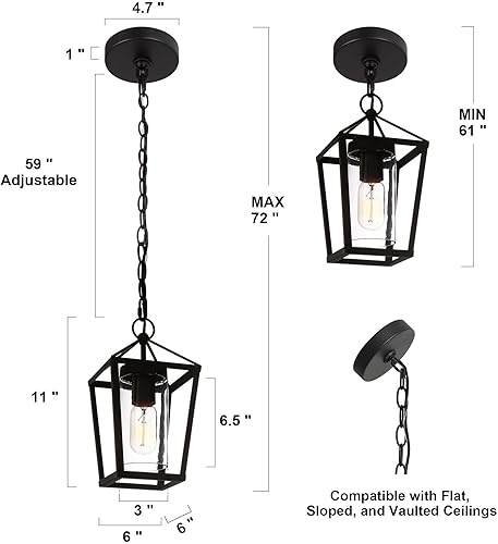 Miniatura 5 de Lámpara colgante al aire libre para porche, luz colgante negra con vidrio transparente, moderna jaula de metal de granja, cadena ajustable para